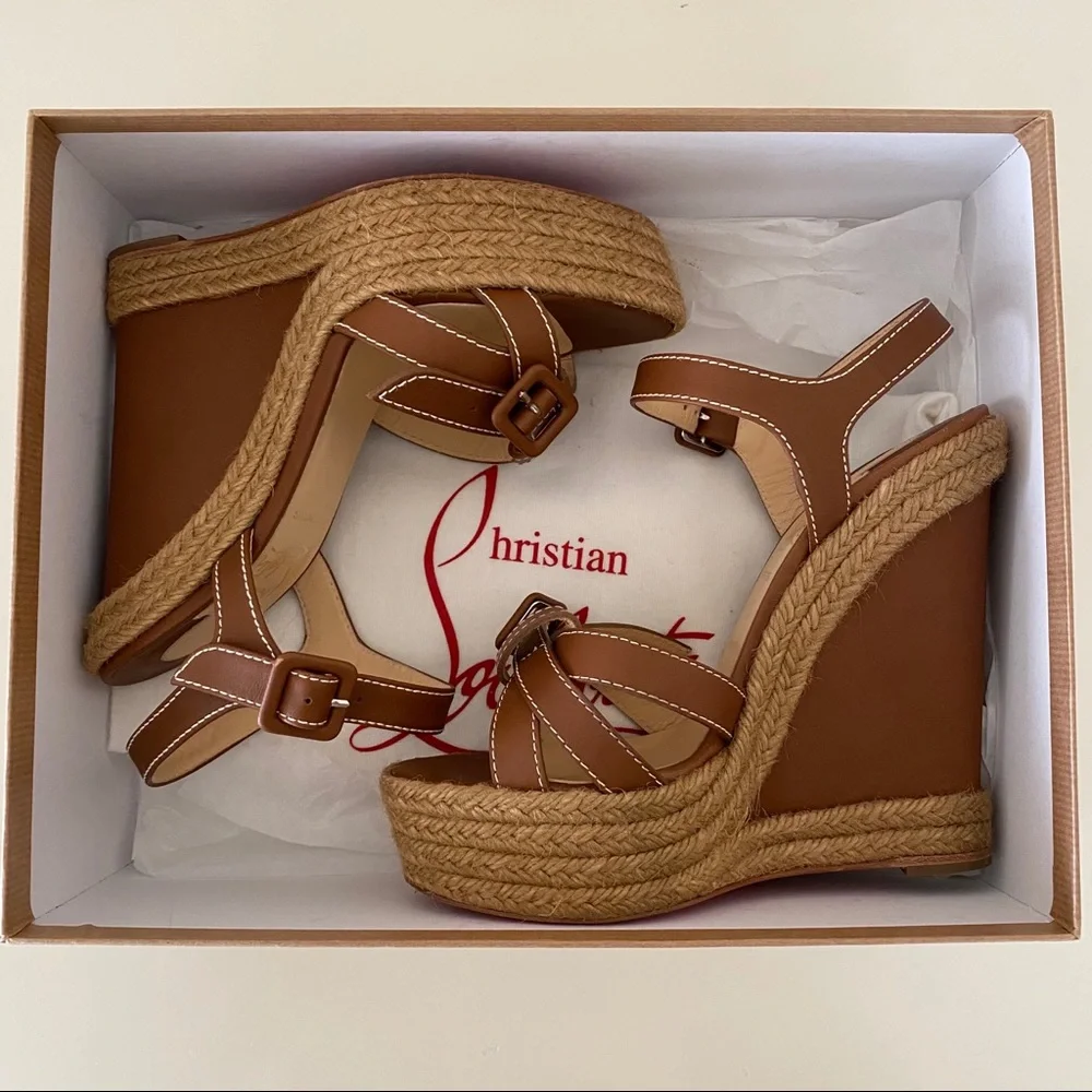 Christian Louboutin Brown Leather Espadrille Wedge Sandals